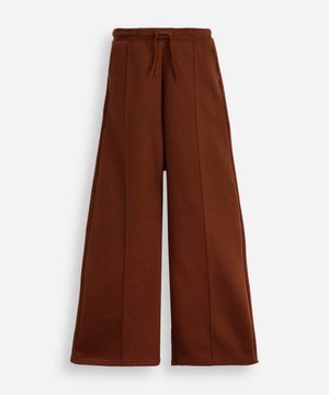 calça wide leg juvenil de moletom com nervura marrom
