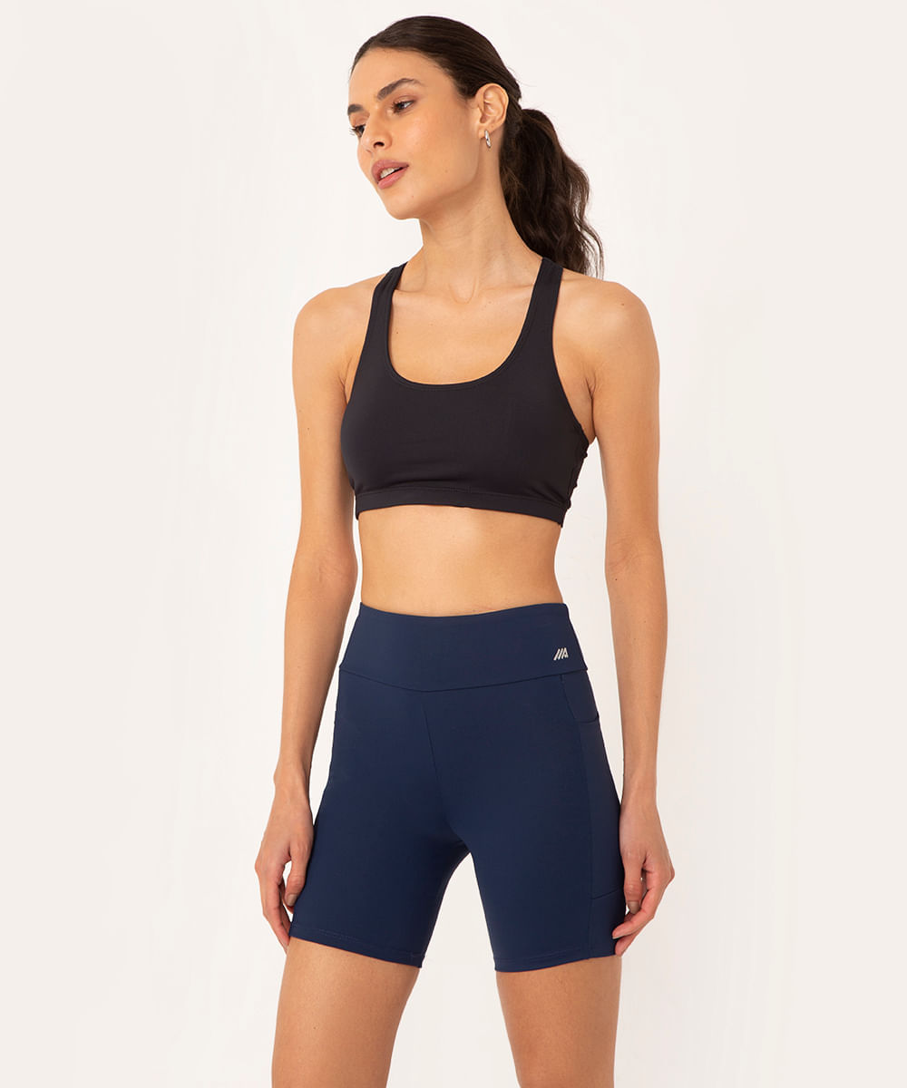 bermuda esportiva cós largo com bolso lateral azul
