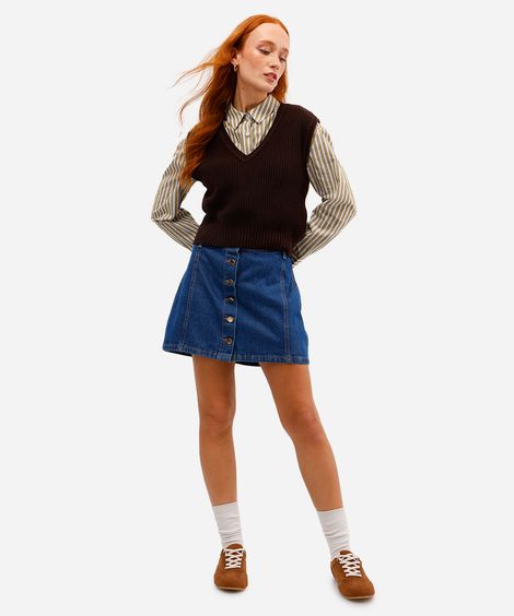minissaia feminina jeans com botões azul