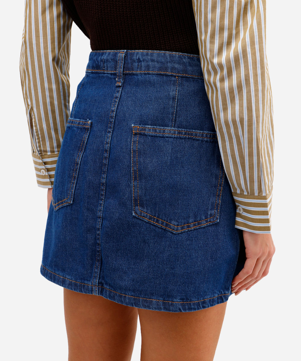 minissaia feminina jeans com botões azul