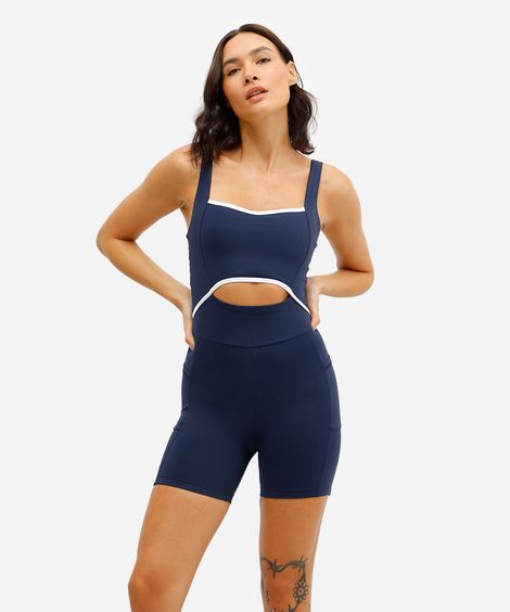macaquinho feminino esportivo de poliamida com recorte azul