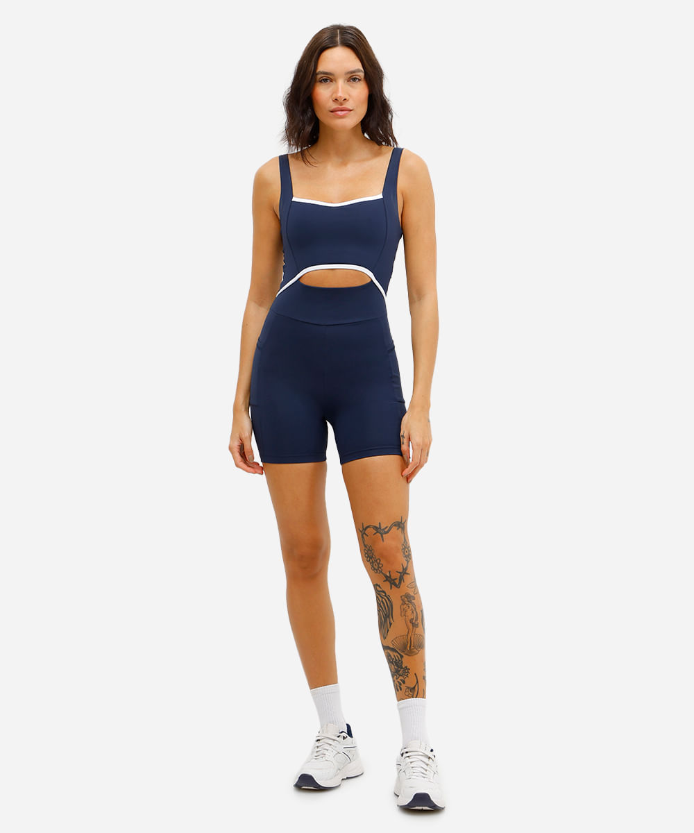 macaquinho feminino esportivo de poliamida com recorte azul