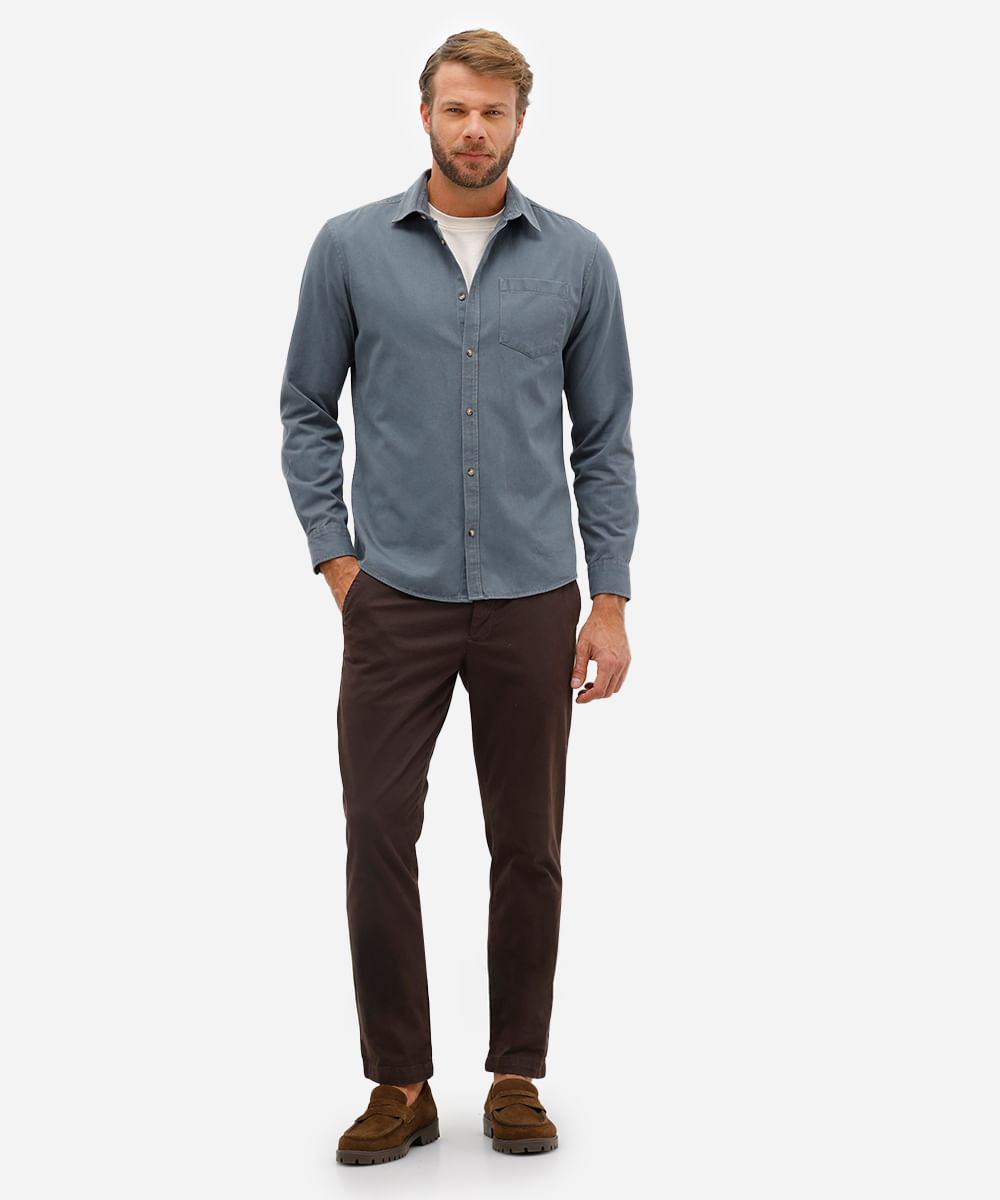camisa comfort de sarja manga longa azul