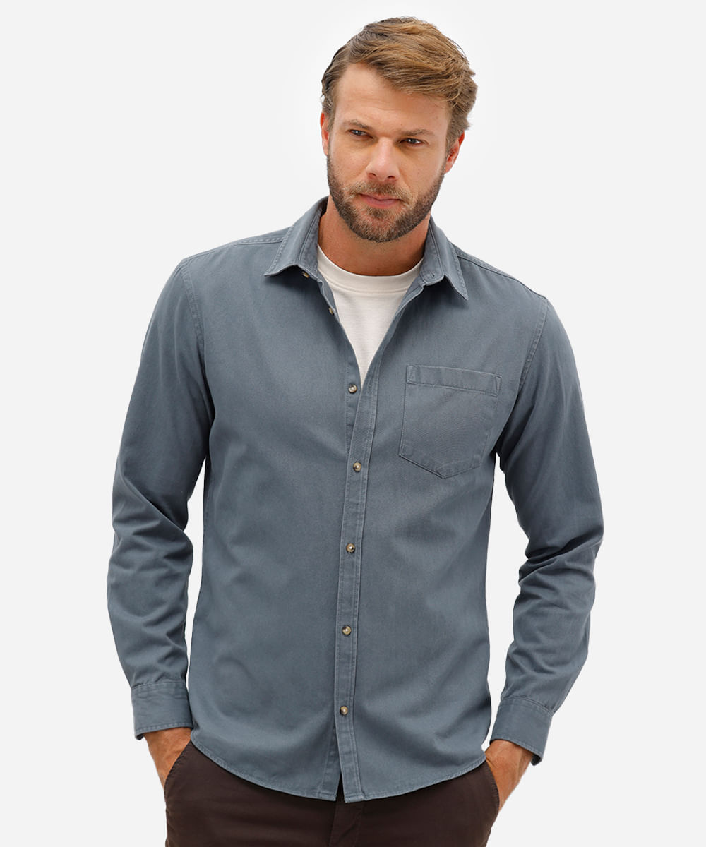 camisa comfort de sarja manga longa azul