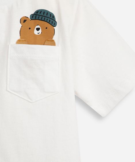 camiseta infantil de algodão com bolso ursinho off white
