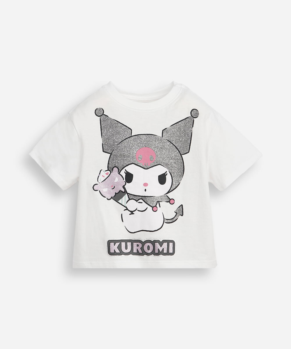 blusa infantil de algodão hello kitty kuromi com glitter off white