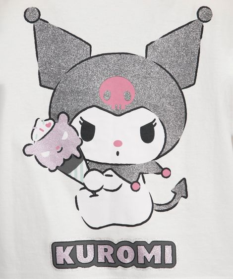 blusa infantil de algodão hello kitty kuromi com glitter off white