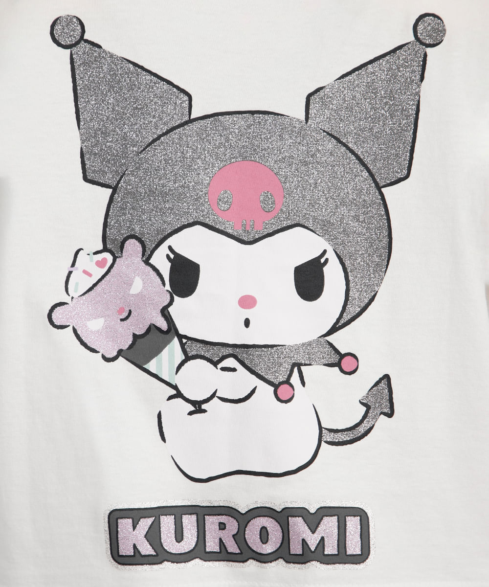 blusa infantil de algodão hello kitty kuromi com glitter off white