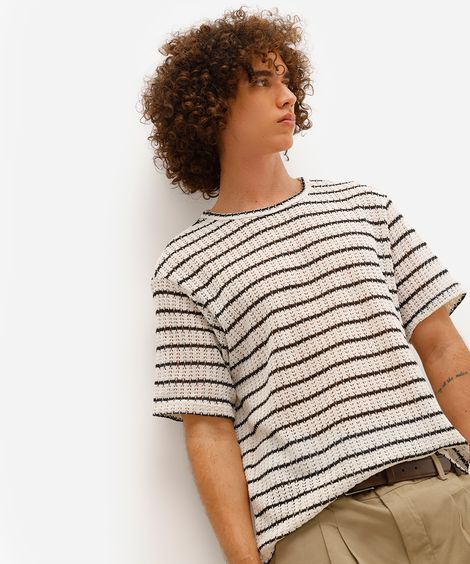 camiseta masculina de tricot listrada preta
