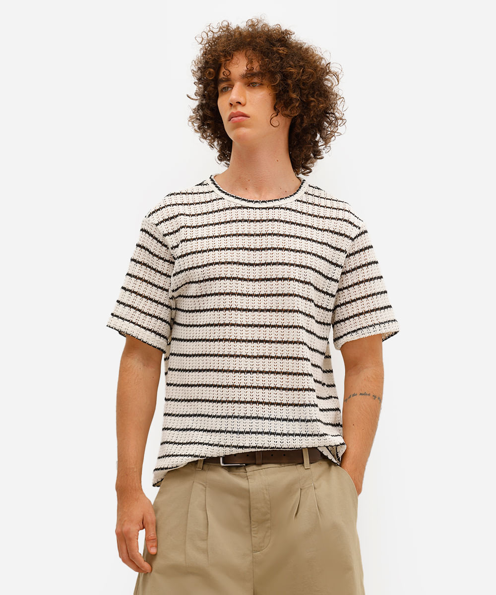 camiseta masculina de tricot listrada preta