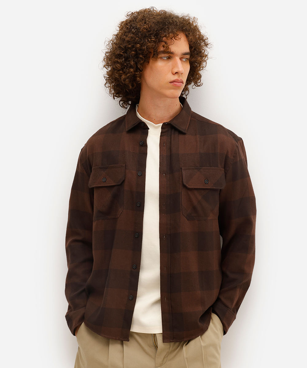 camisa masculina manga longa xadrez marrom
