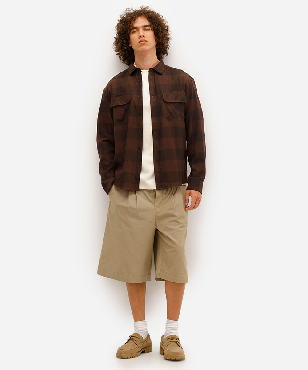 camisa masculina manga longa xadrez marrom