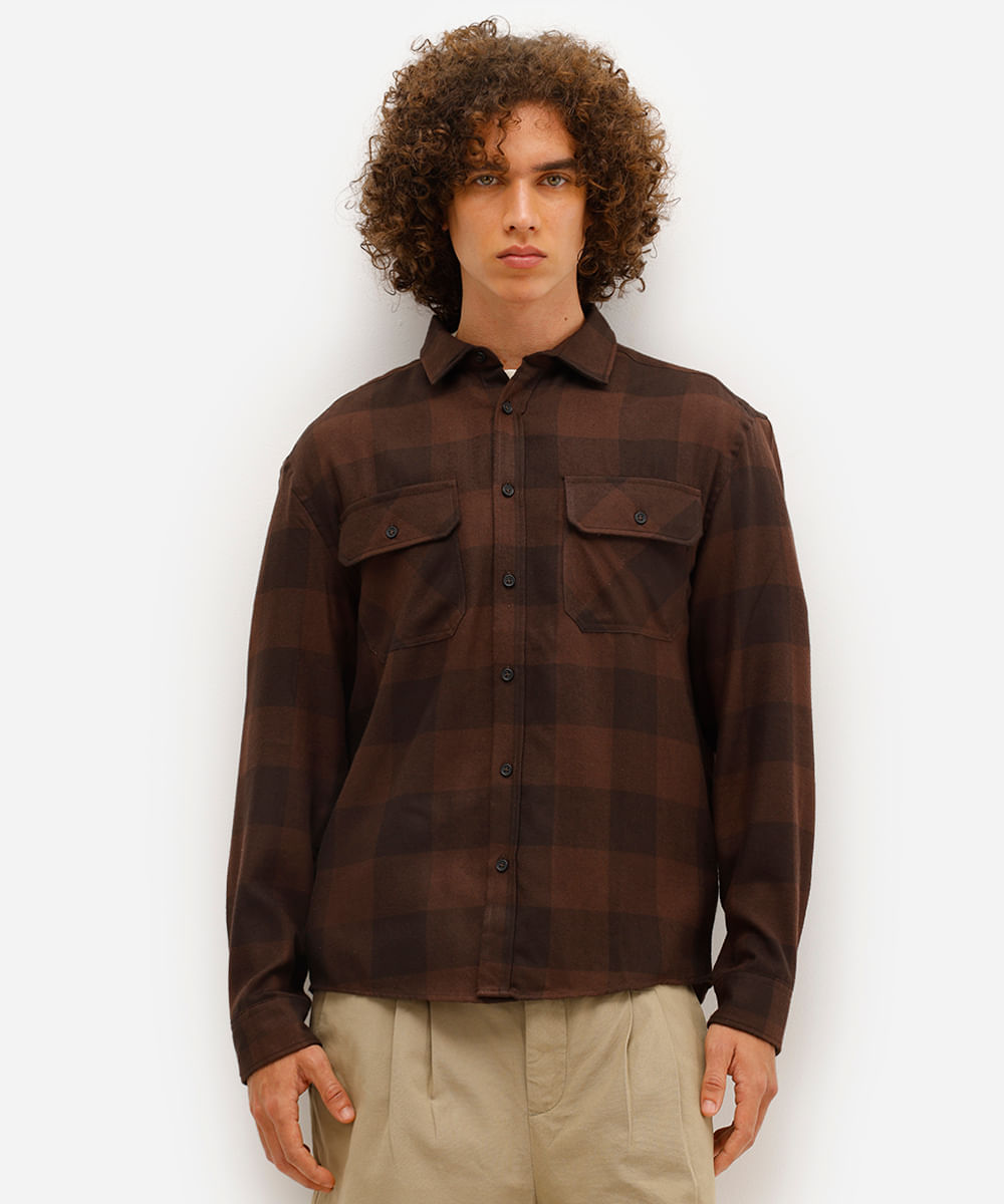 camisa masculina manga longa xadrez marrom