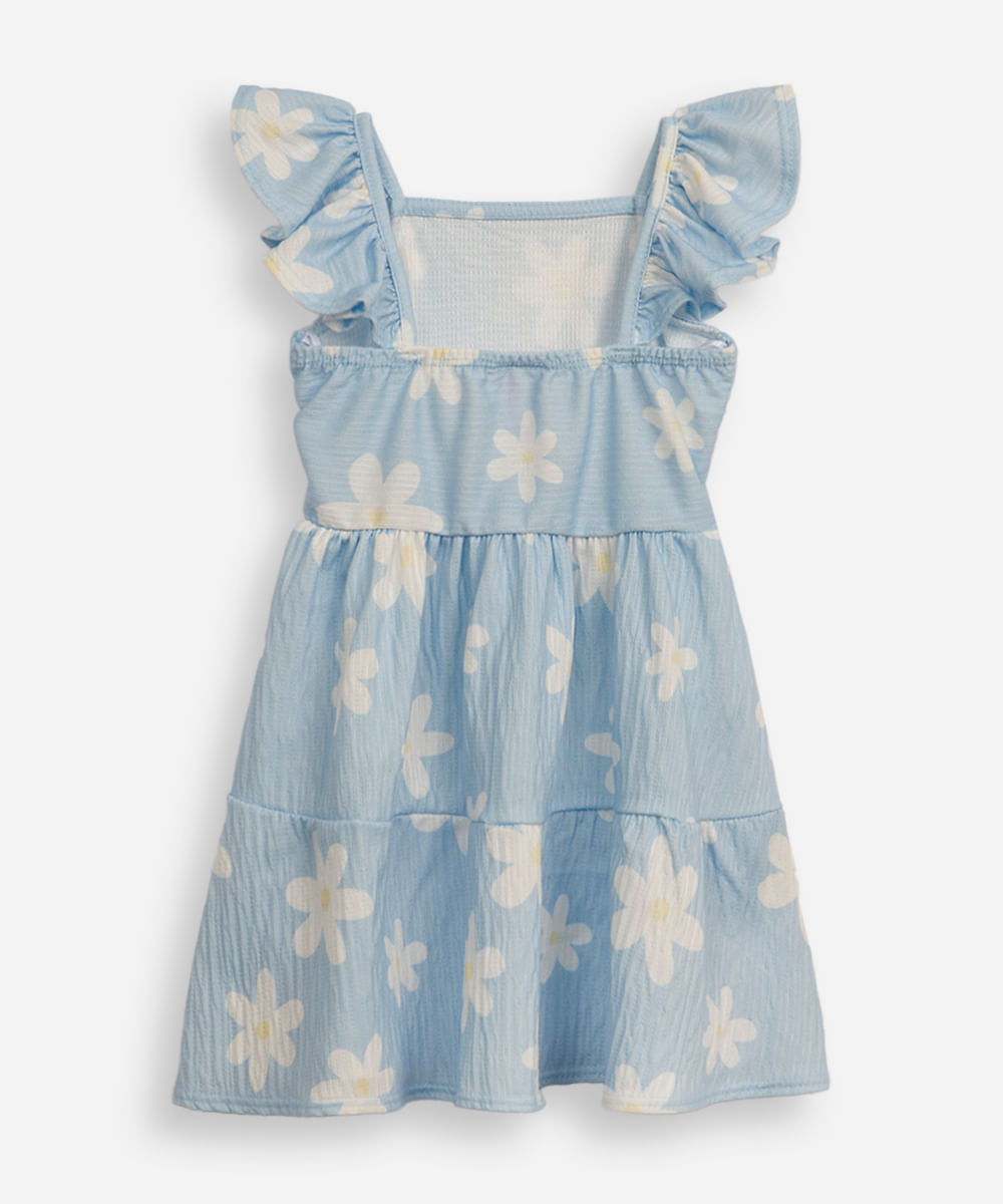 vestido infantil com recorte floral texturizado azul