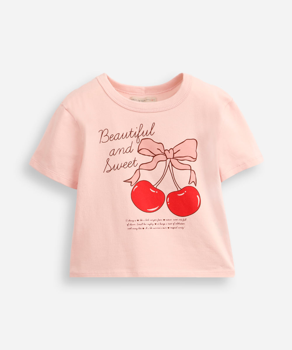 camiseta baby tee juvenil de algodão laço rosa