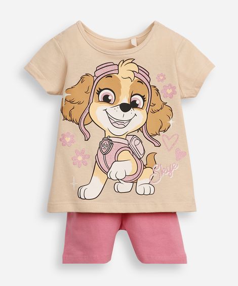 conjunto curto infantil de algodão patrulha canina bege