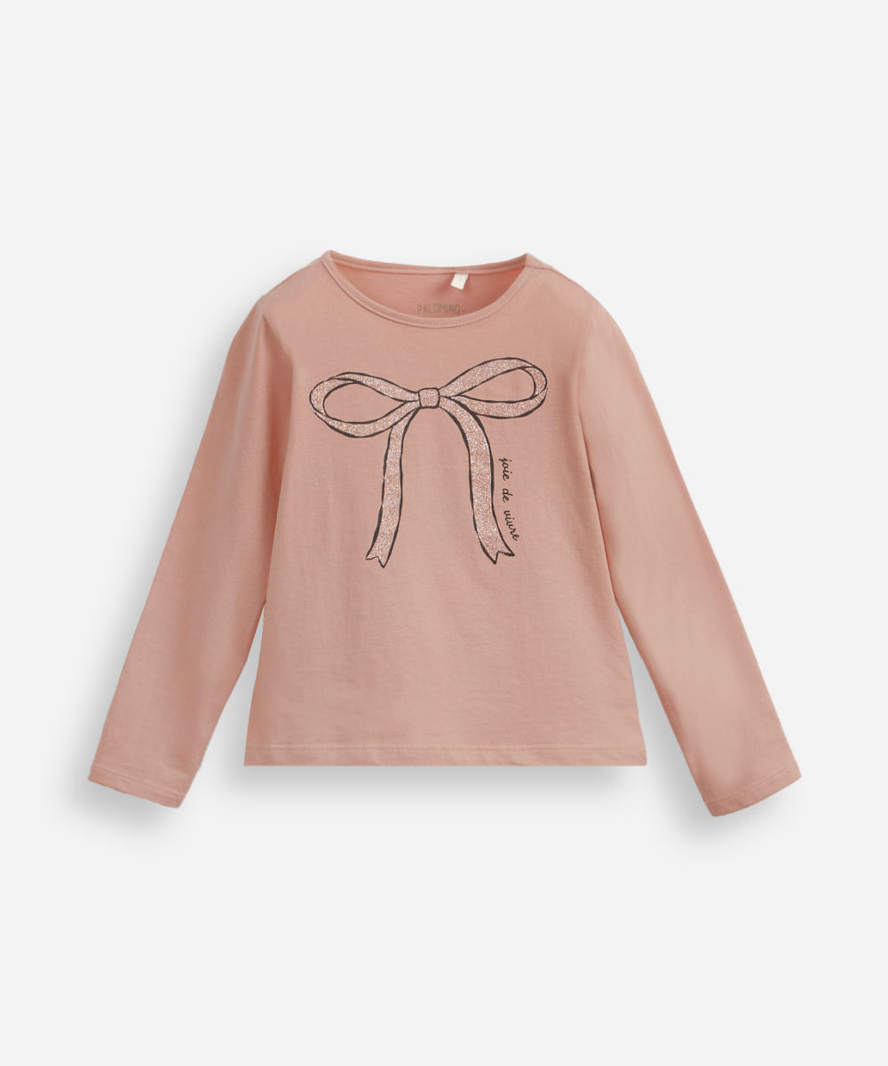 camiseta infantil de algodão laço com glitter rosa