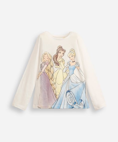 camiseta infantil de algodão princesas com glitter off white