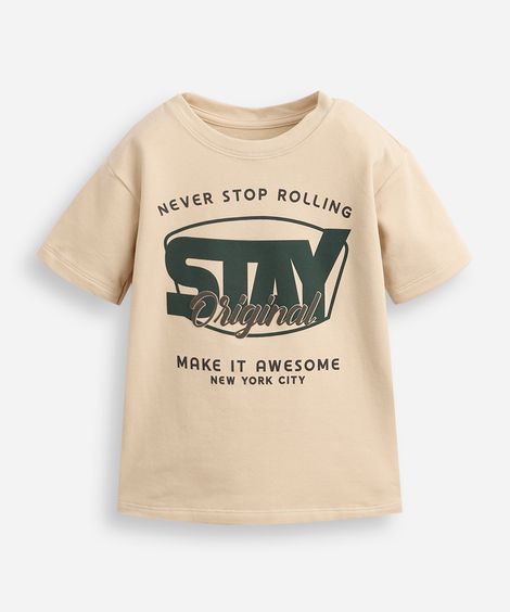 camiseta infantil de algodão estampada bege