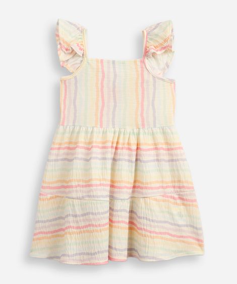 vestido infantil com recorte listrado texturizado off white