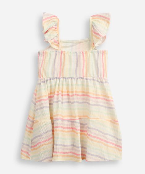 vestido infantil com recorte listrado texturizado off white