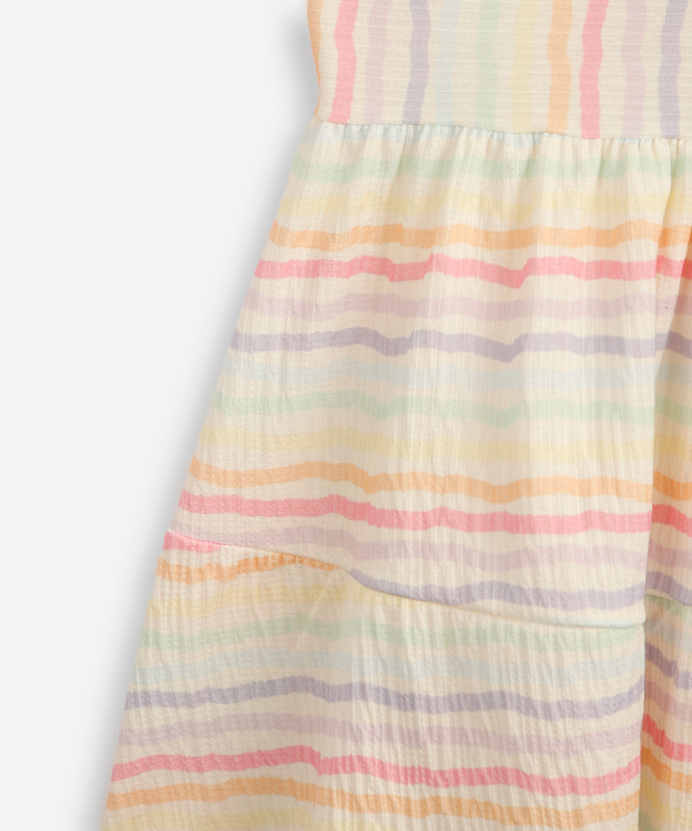 vestido infantil com recorte listrado texturizado off white