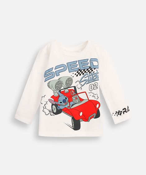 camiseta infantil de algodão manga longa stitch branca