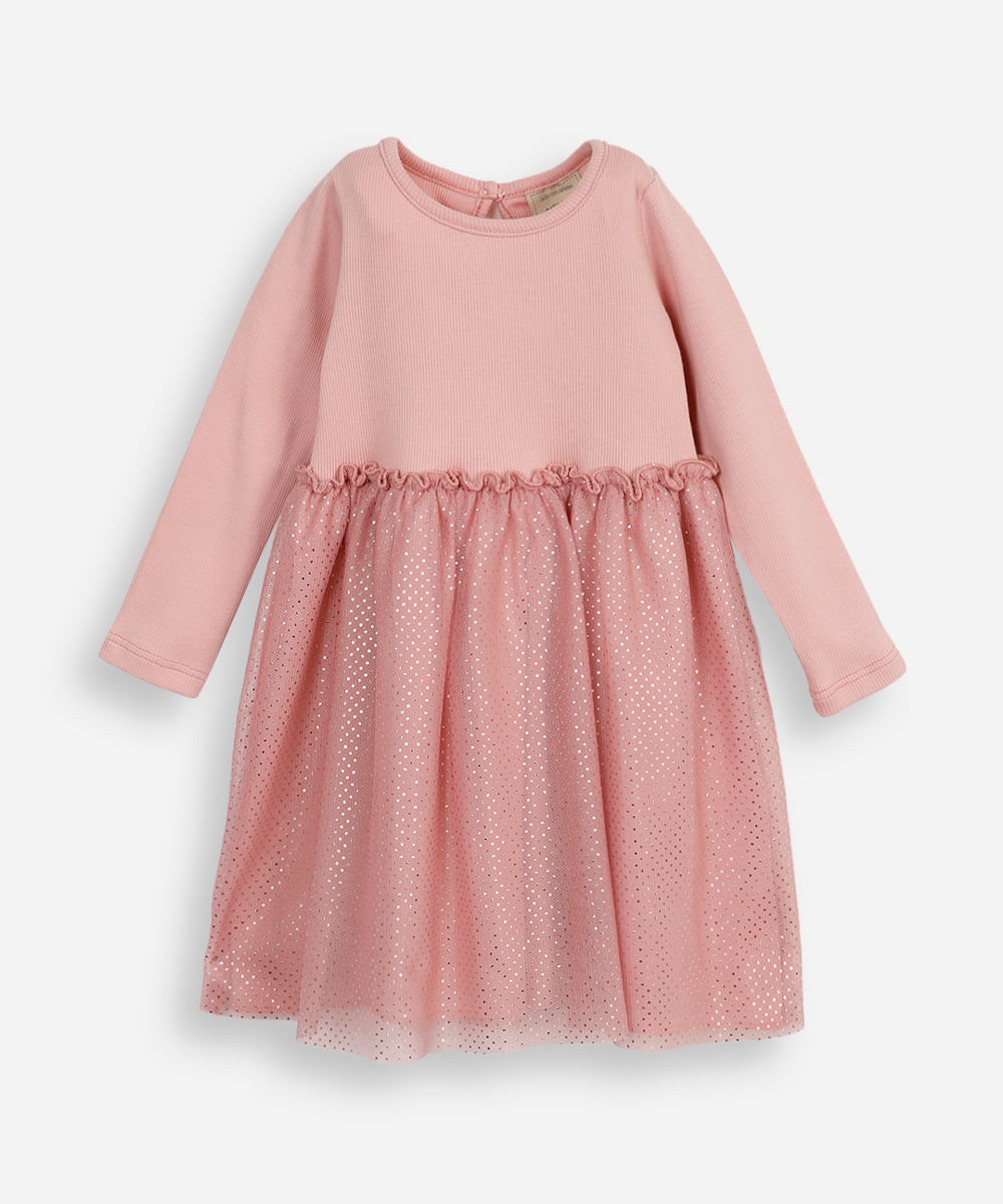 vestido infantil saia tule poá rosa