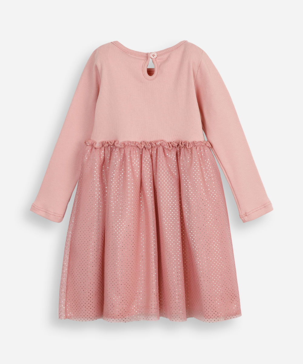 vestido infantil saia tule poá rosa