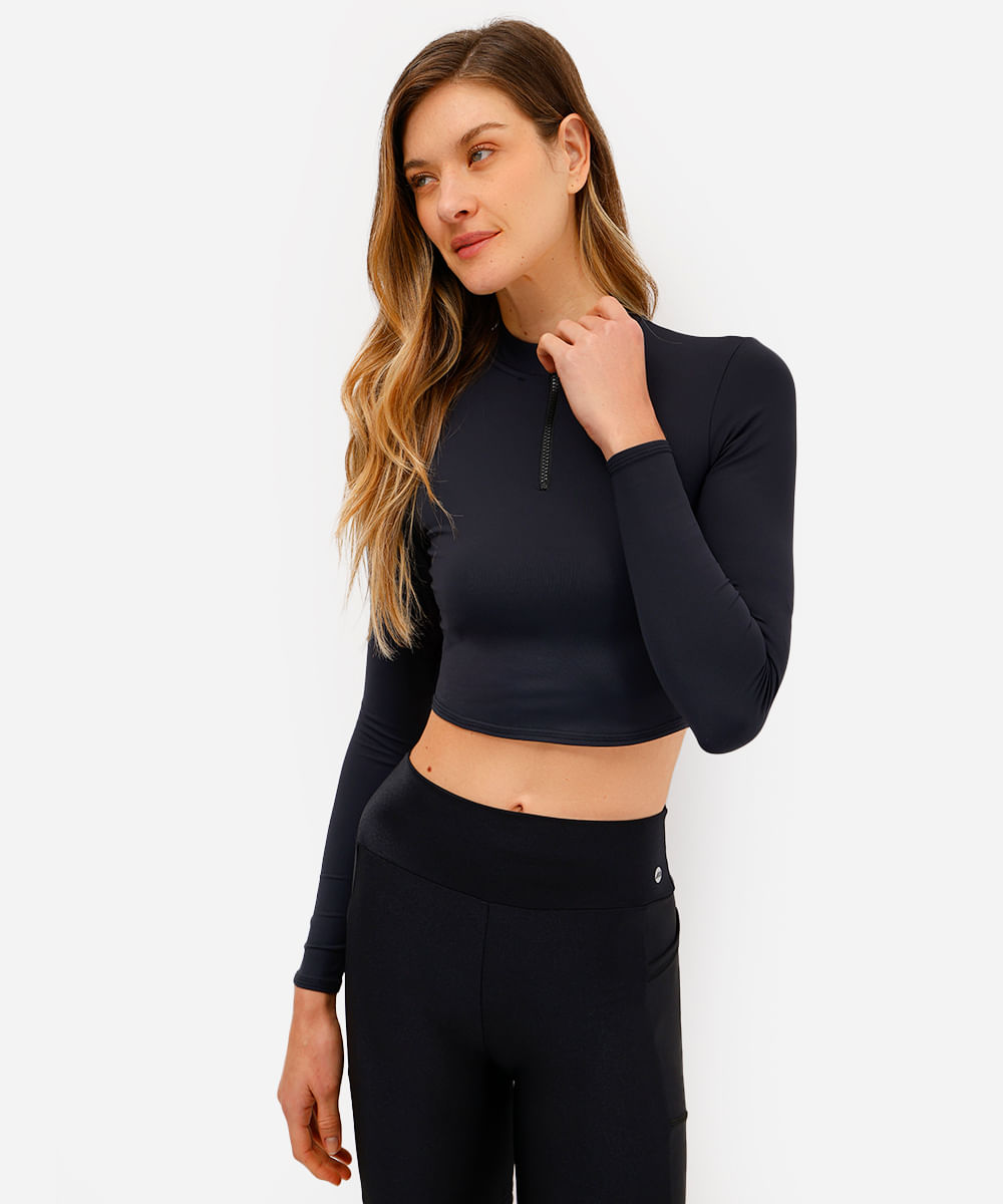 cropped feminino esportivo com zíper preto