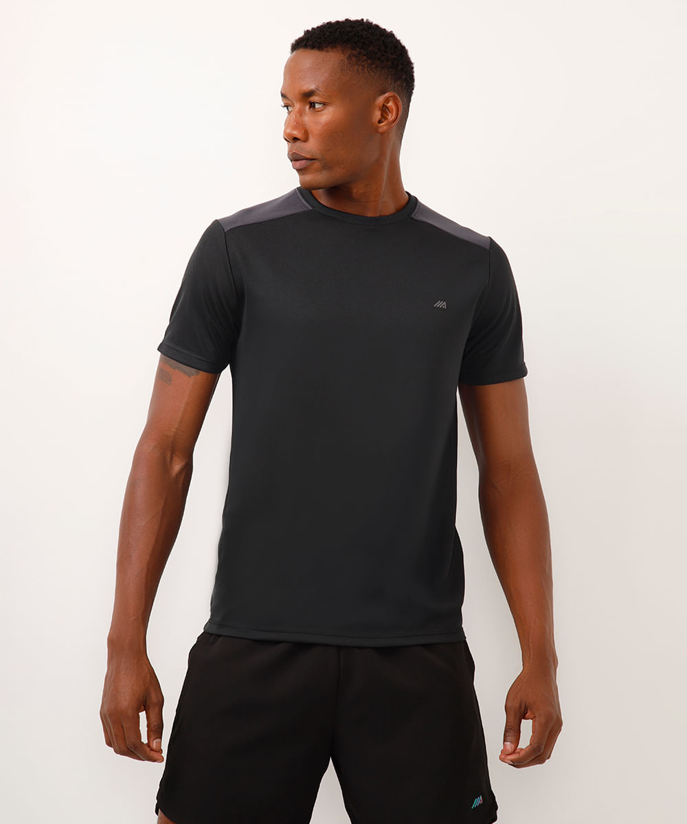 camiseta masculina esportiva ace manga curta com recorte bicolor cinza