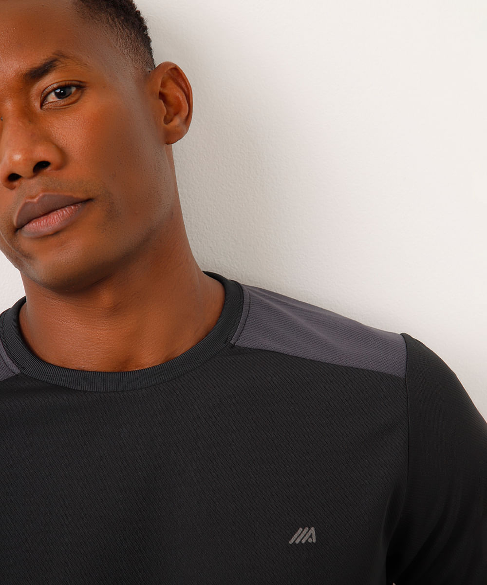 camiseta masculina esportiva ace manga curta com recorte bicolor cinza