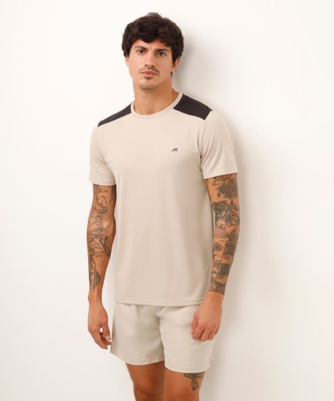 camiseta masculina esportiva manga curta com recorte bicolor bege
