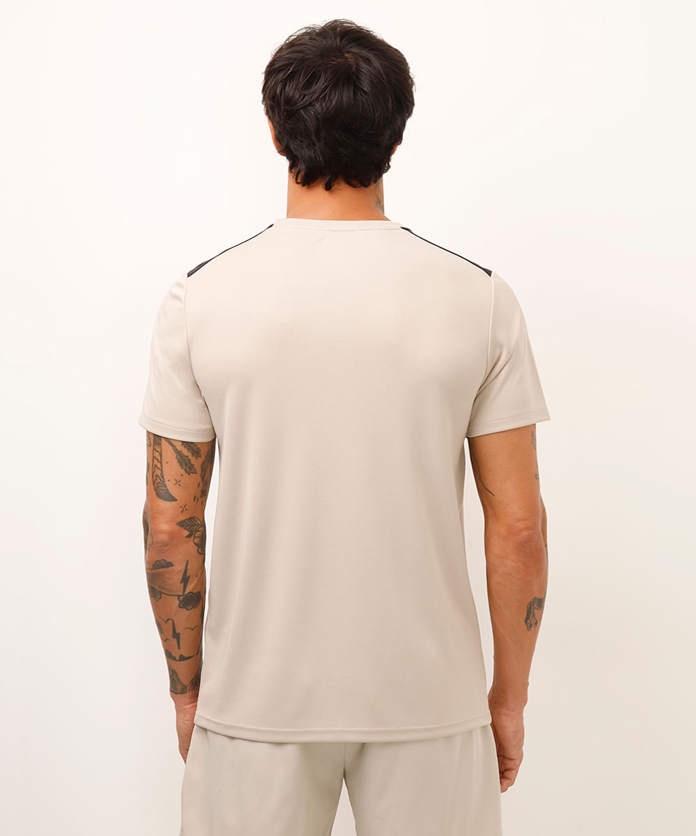 camiseta masculina esportiva ace manga curta com recorte bicolor bege