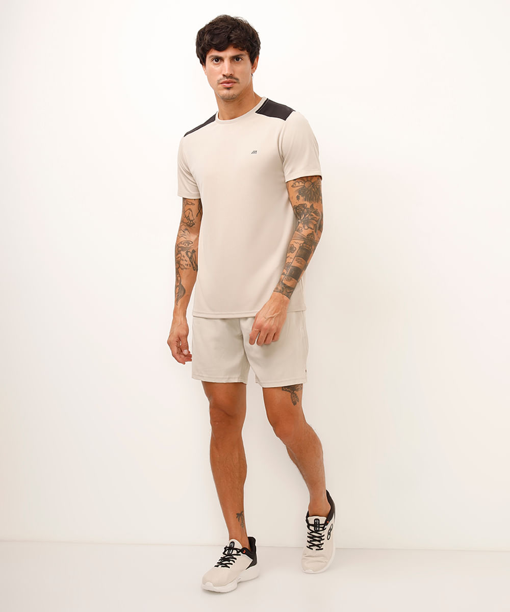 camiseta masculina esportiva ace manga curta com recorte bicolor bege