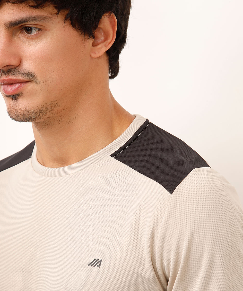 camiseta masculina esportiva ace manga curta com recorte bicolor bege
