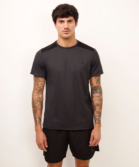 camiseta masculina esportiva manga curta com recorte bicolor cinza