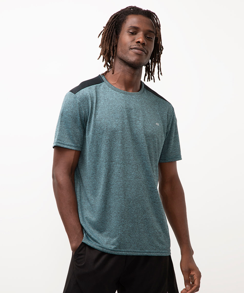 camiseta masculina esportiva manga curta com recorte bicolor azul