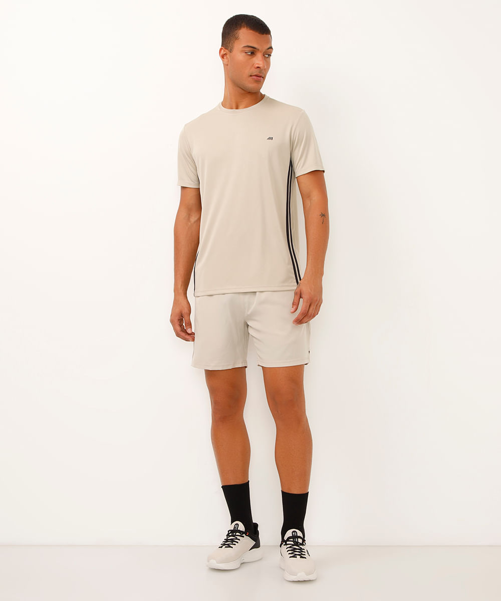 camiseta masculina esportiva com listras bege