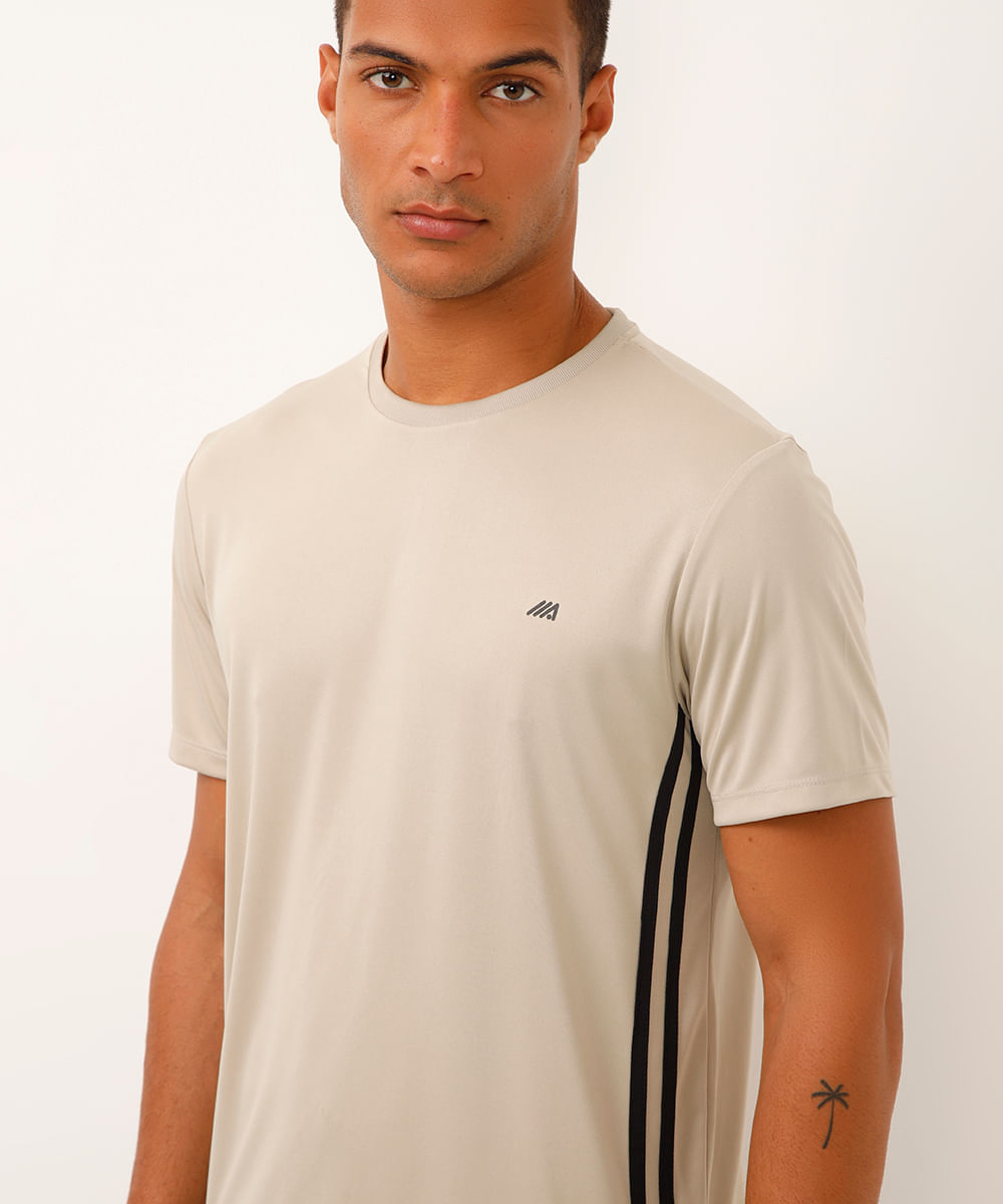 camiseta masculina esportiva com listras bege