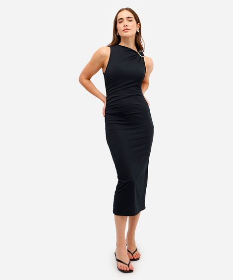 vestido midi feminino franzido com fenda preto