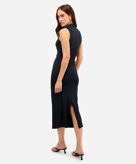 vestido midi feminino franzido com fenda preto