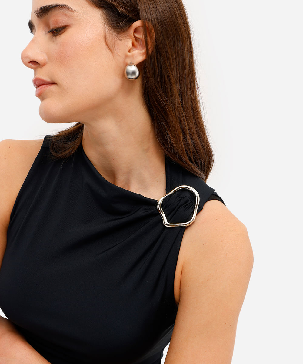 vestido midi feminino franzido com fenda preto