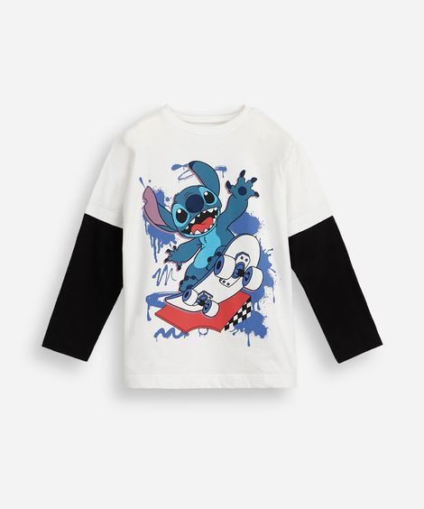 camiseta infantil de algodão stitch off white