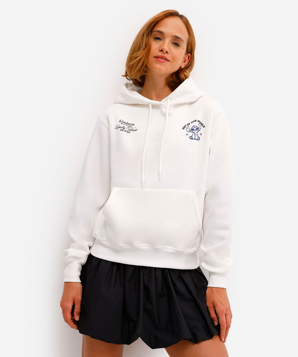 blusão feminino de moletom felpado com capuz stitch off white
