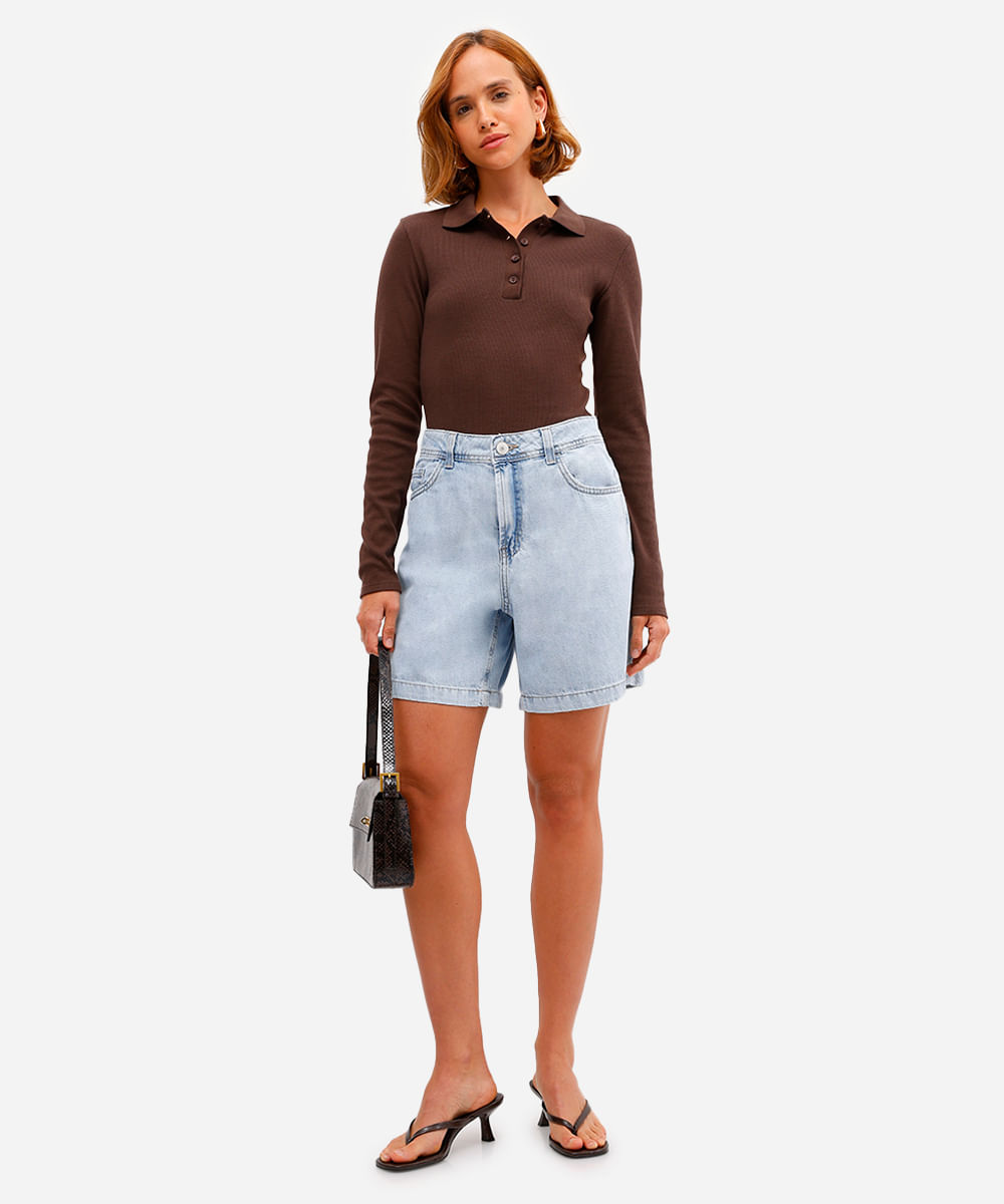 bermuda feminina jeans cintura média azul