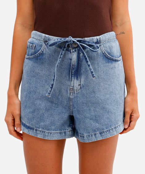 short feminino jeans com cordão - jeans claro