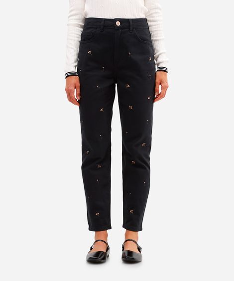 calça mom feminina jeans com bordado floral preta