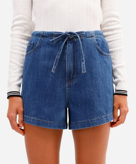 short feminino jeans com cordão azul