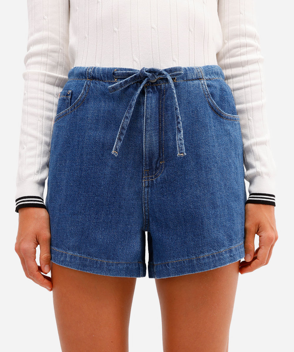 short feminino jeans com cordão azul